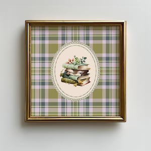 Green Books Square Print, Cozy Library Bookish Printable Wall Art, Vintage British Reading Nook Decor, Digital downloadable wall art