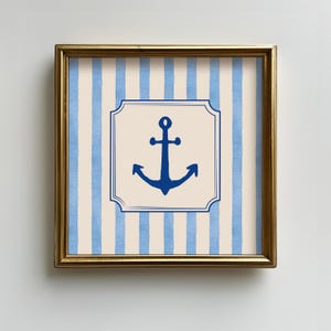 Blue Anchor Square Print, Vintage Blue Striped Nautical Wall Art, Minimalist Coastal Wall Decor, Beach Living Room Art, Bedroom