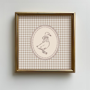 Vintage Duck with Bow Brown Gingham Square Print, Digital Download Printable Wall Art, Elegant Cottage Neutral Beige Baby Girl Nursery Decor