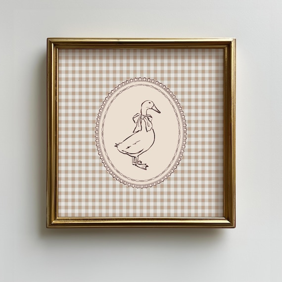 Vintage Duck with Bow Brown Gingham Square Print, Digital Download Printable Wall Art, Elegant Cottage Neutral Beige Baby Girl Nursery Decor