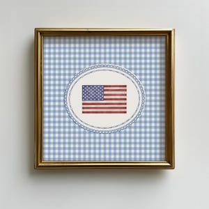 ヴィンテージアメリカ国旗の水彩画スクエアプリント、ブルーギンガムのアメリカーナ独立記念日の壁飾り、アメリカ独立記念日の壁アート、即時ダウンロード