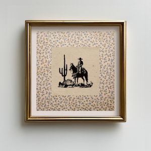 Cowboy Western Square Print, Vintage Country Wall Decor Hand drawn Cactus, Western Wall Art, Rustic Mid Century Decor Retro Horse Print