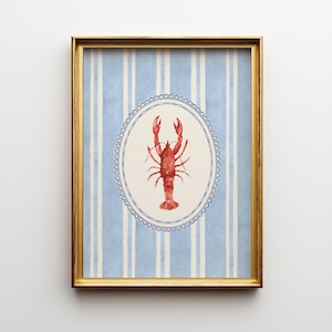 Vintage Blue Striped Red Lobster Wall Art, Minimalist Coastal Home Decor, Beach Living Room Art print, Vintage Style Seafood Poster