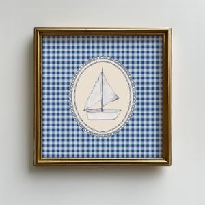 Vintage Sail Boat Square Print, Vintage Blue Gingham Ocean Wall Art, Minimalist Coastal Wall Decor, Beach Living Room Art, Bedroom