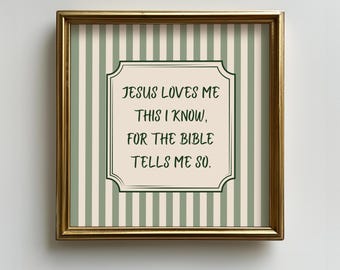 Jesus Loves Me Bible Verse Square Print, Green Striped Christian Wall Decor (Digital Download)