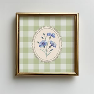 Green Gingham Floral Square Print: Vintage Blue Flowers Kitchen Wall Art (Digital Download)