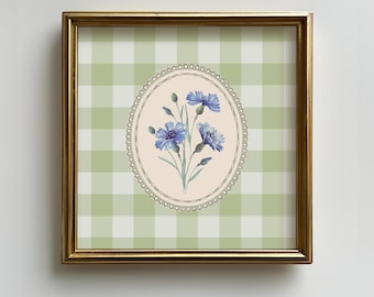 Green Gingham Floral Square Print: Vintage Blue Flowers Kitchen Wall Art (Digital Download)