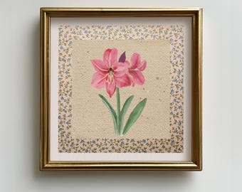 Pink Watercolor Lily Square Print, Vintage Floral Background Flower Wall Art, Nursery Baby Wall Decor, Botanical Living Room Art, Bedroom