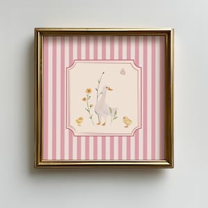 Mother Goose Nursery Square Art Print: Vintage Ducklings, Pink Stripes (Digital Download)