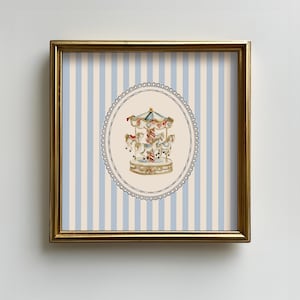 Vintage Carousel Blue Striped Square Print, Boy Nursery Wall Decor, Trendy Elegant Kids Bedroom Printable, Digital downloadable wall art