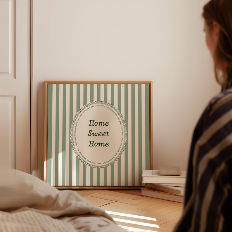 Green Striped Home Sweet Home Print: Vintage Cozy Wall Art (digital ...