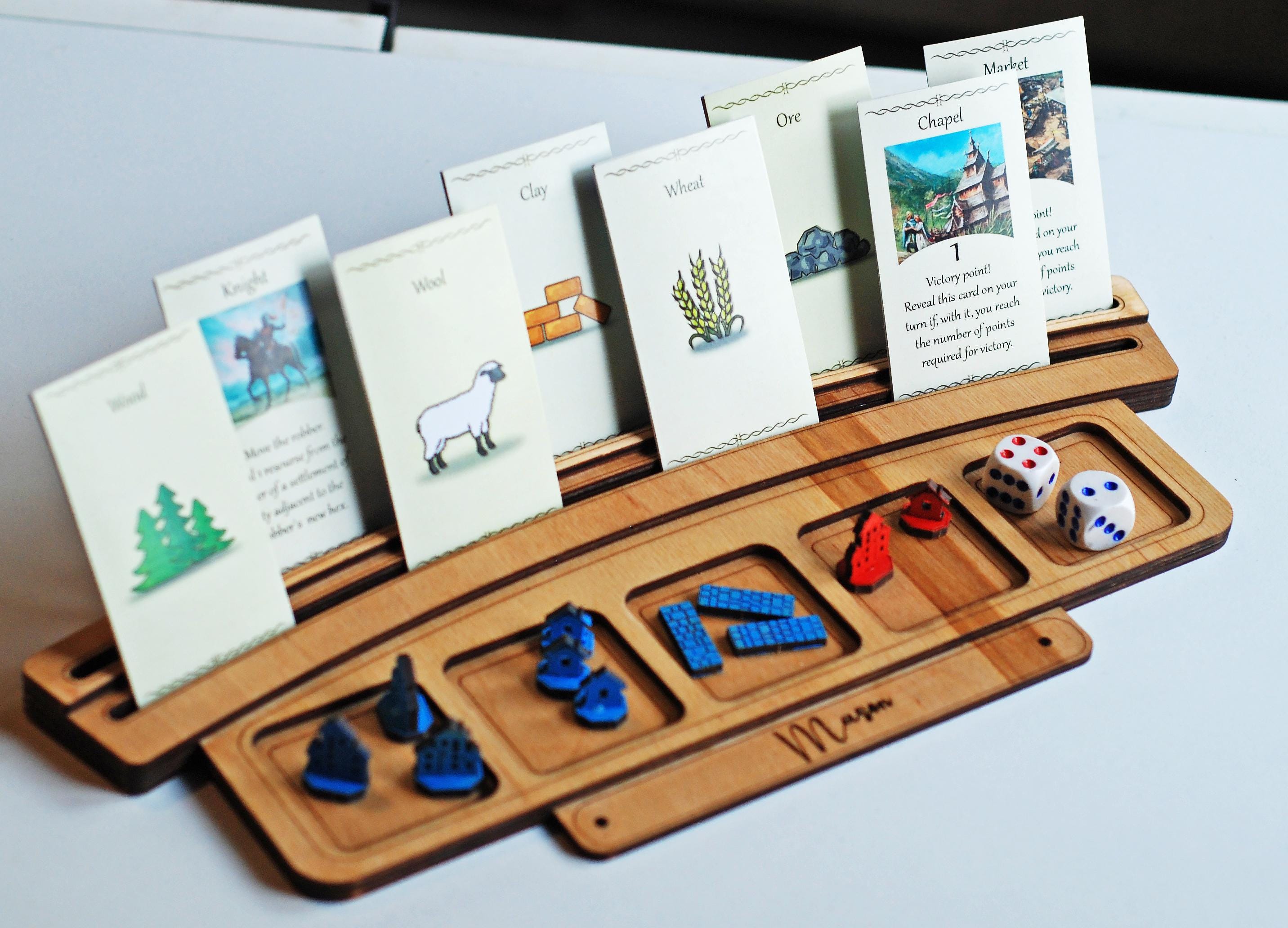 Wooden Board Game Card Holder: Tabletop Organizer with Token Trays