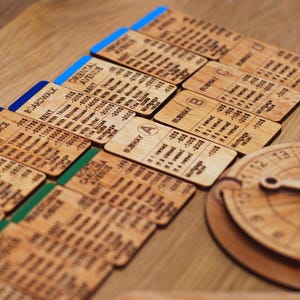 May include: A wooden board game with various property cards, including Park Place, Boardwalk, Oriental Avenue, and a spinning wheel with numbers 1 through 13. The cards have text and numbers printed on them, indicating rent costs and other game details.