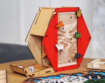 Hexagonal Dice Tower with Card Storage – Wooden Rolling Tower for Board Games / Settlers style