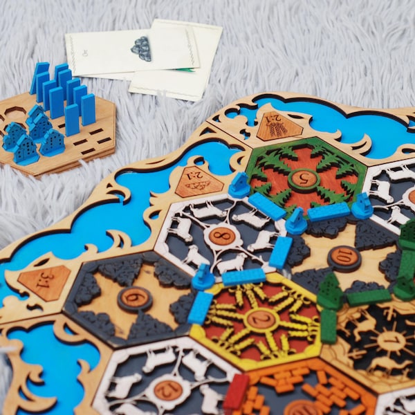 Drewniana gra planszowa Settlers na zamówienie: Kompletny zestaw wykonany ręcznie