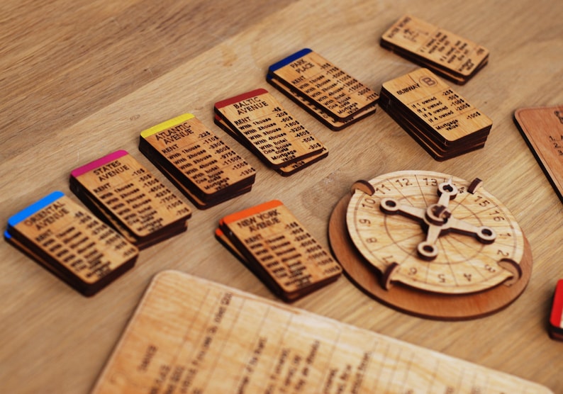 May include: A wooden game board with various property cards, a spinner, and a blank card. The property cards are color-coded and feature the names "Oriental Avenue", "States Avenue", "Atlantic Avenue", "Baltic Avenue", "New York Avenue", and "Park Place".