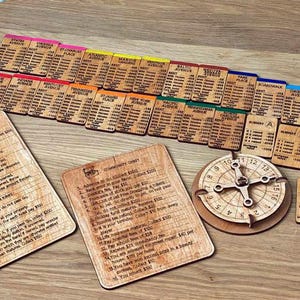 May include: A wooden Monopoly game set with property cards, chance cards, community chest cards, a spinner, and utility cards. The cards are color-coded and feature different properties, such as Boardwalk and Park Place.
