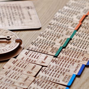 May include: A wooden game board with a variety of cards and a spinning wheel. The cards are labeled with different properties, such as "Avenue", "Park Place", and "Boardwalk". The spinning wheel is used to determine the number of spaces a player moves.