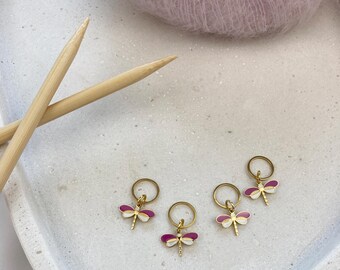 4 er Set Edelstahl Maschenmarkierer I vergoldet I Libelle Lila I Geschenk für Stricker*innen I Strickzubehör