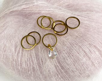 8er Set Maschenmarkierer Edelstahl vergoldet I 1 Kristallglas Anhänger I  Raglanset mit Rundenanfang I Geschenk für Stricker I Strickzubehör