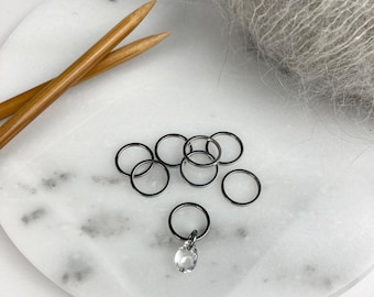 8er Set Maschenmarkierer Edelstahl 1 Kristallglas Anhänger I  Raglanset mit Rundenanfang I Geschenk für Stricker I Strickzubehör
