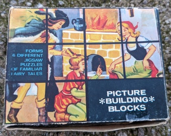 Vintage Chadwick-Miller toy in original box puzzle blocks with storybook art 6 different stories medieval fantasy cottagecore game