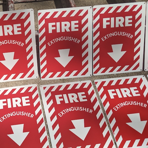 Fire Extinguisher signs 5 dollars each aluminum signs with red graphics found object art or repurpose supply