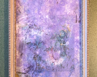Purple Haze abstract mixed media in a vintage gold painted wooden frame a portrait a landscape a calm lavender head explosion ooak