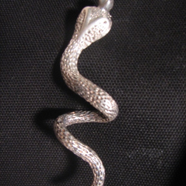 Vintage Mexican silver fierce sculptural cobra metal snake looping coils textural scales reptilian metalwork bohemian tribal art pin stamped