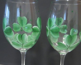 2 SHAMROCKS Large Wine Glasses  ** 2  Hand painted Wine Glasses** Ready for St. Patrick's Day*** You are Buying 2 Glasses