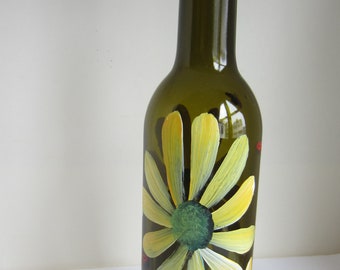 Oil Bottle**Yellow Daisy and Lady Bugs  Oil or Vinegar  Bottle **Hand Painted**  Removable Metal Stopper** Oil , Vinegar Cruet