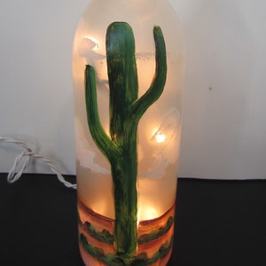 Saguaro Cactus in a Desert Scene on a Frosted Lighted  Bottle **Electric Lights**