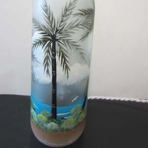 PALM Trees, Beach Scene on a Frosted Lighted Bottle ** Tropical  Beach Scene, Ocean, Sand, Palm Trees***Hand Painted**  Electric Lights**