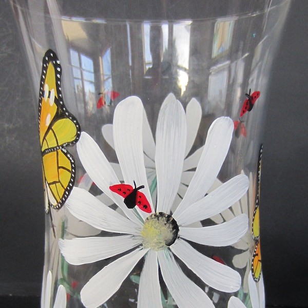 White Daisy, Red Lady Bugs, Butterflys  **  Large Candle Holder** Vase** Hand Painted **
