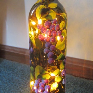Purple Grape Lighted Wine Bottle **Brownish- Green Lighted Bottle** Wonderful Tuscan Look ***  Night Light*** Lantern****  Electric Lights**