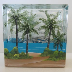 Palm Tree Glass Lighted Block  ** Palm Tree, Tropical  Beach Scene On A  Lighted Glass Block***Painted On All Sides* Hand Painted By Us