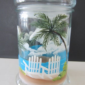 Palm Trees, and Beach Chairs, Tall Cylinder Shape Glass Jar,  Beach Scene * Storage Jar, Cookie Jar, Glass Tight Lid *Painted  All Around