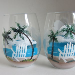 2 Beach Chair  and Palm Tree Stemless Wine Glasses *Coastal Decor*   Tropical Scene** Hand Painted ** You are Buying 2 glasses *