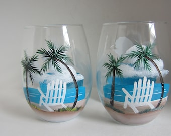 2 Beach Chair  and Palm Tree Stemless Wine Glasses *Coastal Decor*   Tropical Scene** Hand Painted ** You are Buying 2 glasses *
