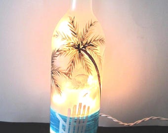 BEACH CHAIR and PALM Trees on a Frosted Lighted Bottle * Tropical Scene* Coastal Decor, Sand, Palm ,Chair***Hand Painted**  Electric Lights*