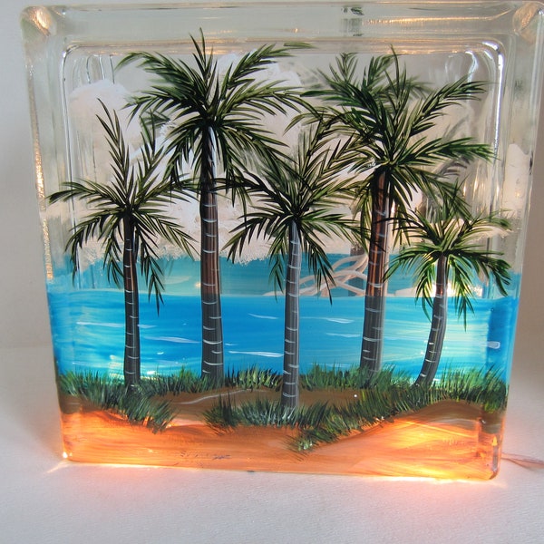 Palm Tree Glass Lighted Block  ** Palm Tree, Tropical  Scene On A  Lighted Block**** Hand Painted **