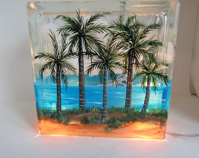 Palm Tree Glass Lighted Block Palm Tree, Tropical Scene on A Lighted
