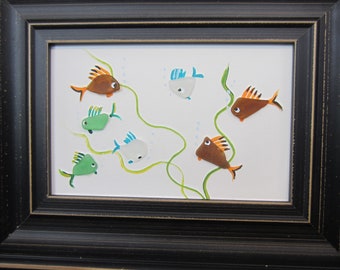 Real SEA GLASS FISH** Real Jersey Sea Glass***, Beach Glass , Hand Painted  Swimming Fish Picture**Framed Picture
