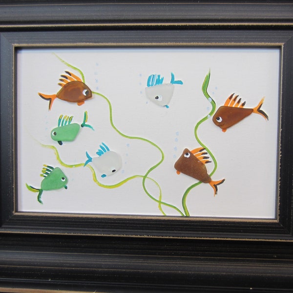 Real SEA GLASS FISH** Real Jersey Sea Glass***, Beach Glass , Hand Painted  Swimming Fish Picture**Framed Picture