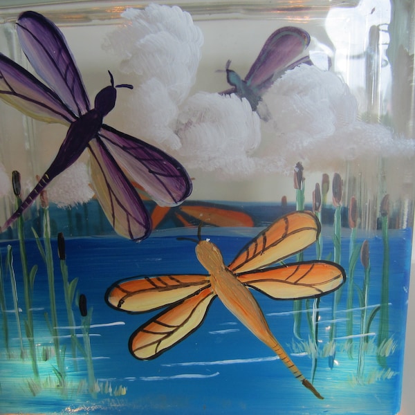 Dragon Fly Lighted Block   Dragon Fly in a Marsh Scene... **  Lighted Block**** Hand Painted **