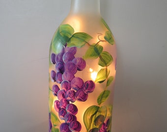 Grape Lighted Frosted Wine Bottle With Purple Grapes*** Lantern** Night Light ** Electric Lights**