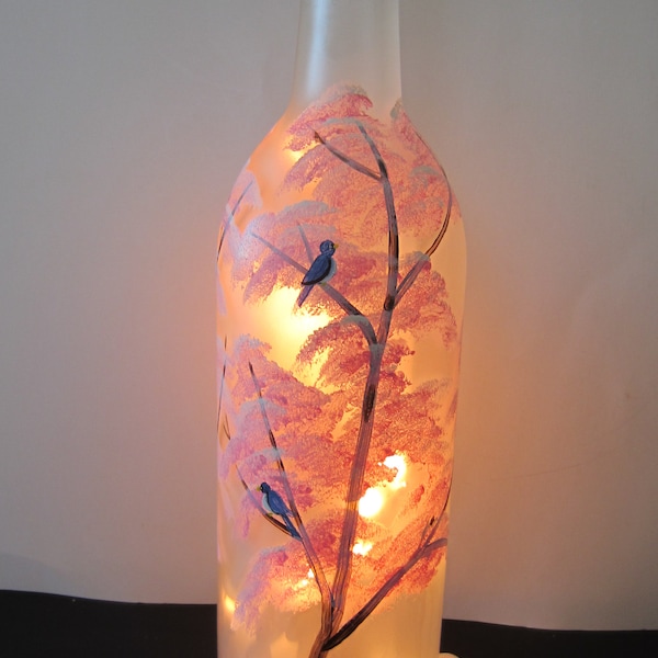 Spring  Flowering  Branches  With Bluebirds **Hand Painted ** Frosted Lighted Bottle **  Lantern ** Bar Light *Night Light **Electric Lights