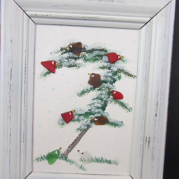Real SEA GLASS CARDINALS, Winter Scene with Tree and Cardinals**  Jersey Sea Glass**Not Red Glass , Hand Painted Picture**White Wood  Frame