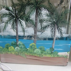 Palm Trees and 2 Beach Chairs, Glass Lighted Block, Tropical Scene On A Lighted Block Hand Painted image 5