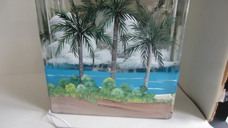 Palm Trees and 2 Beach Chairs, Glass Lighted Block, Tropical Scene On A Lighted Block Hand Painted image 5